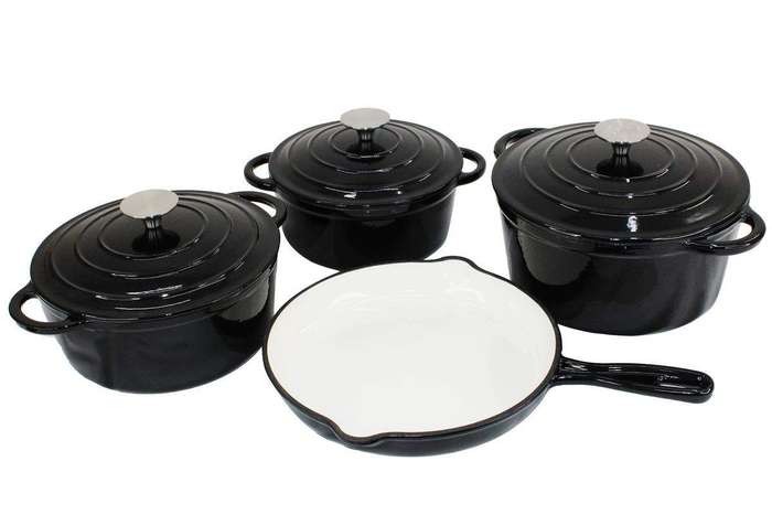 SMTE 7-Piece Cast Iron Dutch Oven Cookware Pot Set - Black with keychain