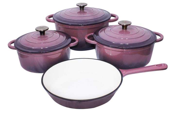 SMTE 7 Piece Glazed Cast Iron Dutch Oven Cookware Pot & Pan Set - Pink with keychain