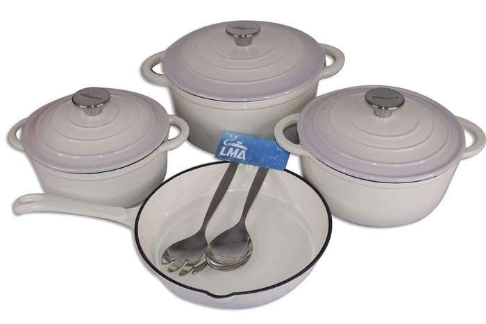 SMTE Authentic 7 Piece Cast Iron Cookware Set & Complementary LMA Serving Spoons with keychain