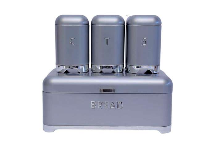 SMTE Zamudi Bread Bin with Tea, Coffee and Sugar Canister - Grey, Silver with keychain
