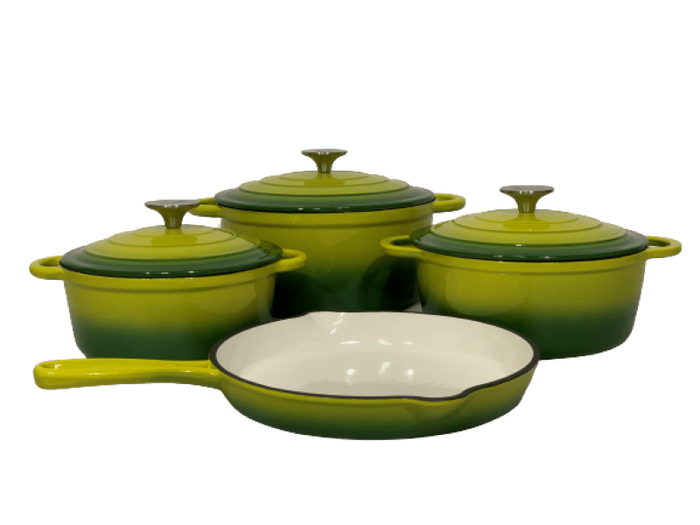 SMTE Pot set 7 Piece Cast Iron Grooved Lid Green with keychain