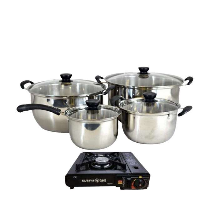 SMTE High Heat Output Portable Gas Stove & Quality 4 Piece Pot Set Combo with keychain