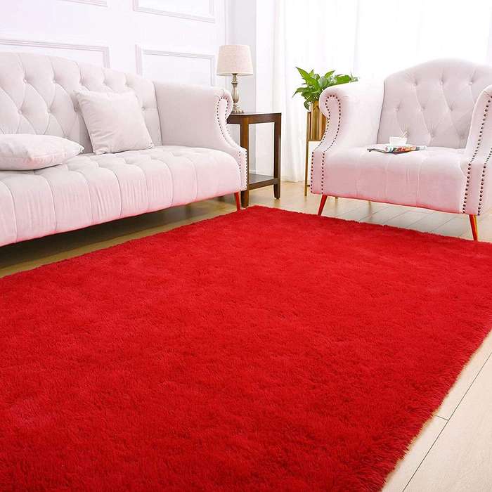 SMTE Cozy Shag Collection Solid Shag Rug Red with keychain
