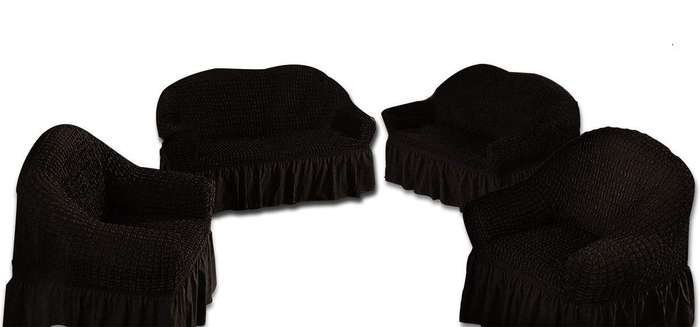 SMTE Decadent Ruffled 4 Piece Sofa & Couch Slipcover Set -2 + 2 + 1 + 1 - Black with keychain