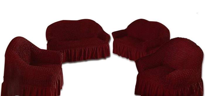 SMTE Decadent Ruffled 4 Piece Sofa & Couch Slipcover Set -2 + 2 + 1 + 1 - Maroon with keychain
