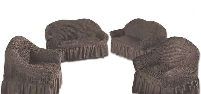 SMTE Decadent Ruffled 4 Piece Sofa & Couch Slipcover Set -2 + 2 + 1 + 1 - Silver with keychain