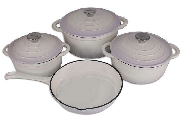 SMTE Authentic 7 Piece White Cast Iron Cookware Set with keychain