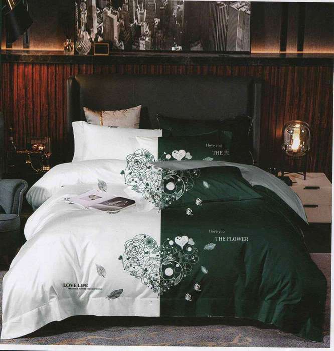 SMTE Bedspread Set 5 Piece Microfiber - F14 - D11 - (White & Green ) - Double with keychain