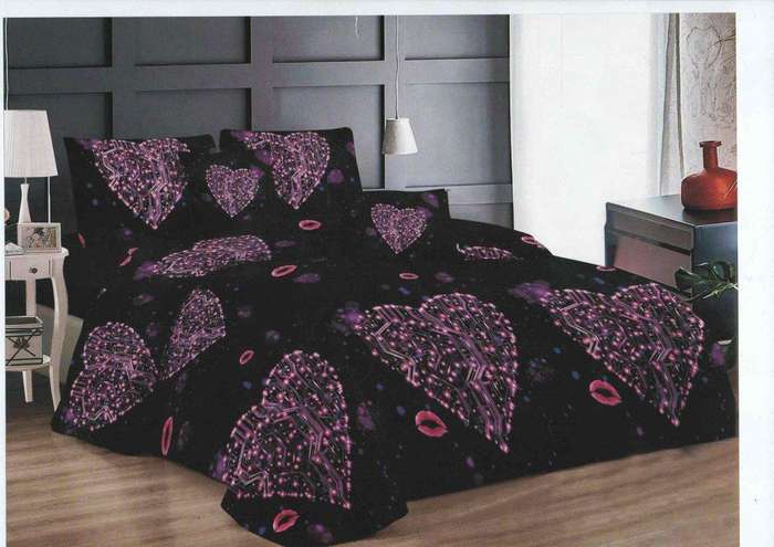 SMTE Bedspread Set 5 Piece Microfiber - F14 - D7 - (Black & Purple) - Double with keychain