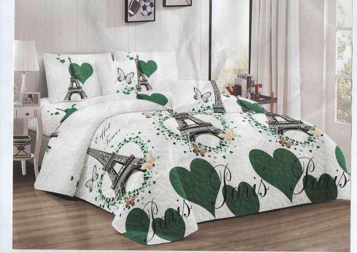 SMTE Bedspread Set 5 Piece Microfiber - F14 - D6 - (Green & White) - Double with keychain