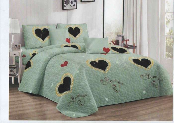SMTE Bedspread Set 5 Piece Microfiber - F14 - D3 - (Green) - Queen with keychain