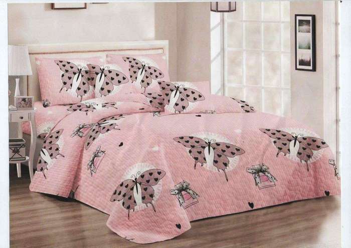 SMTE Bedspread Set 5 Piece Microfiber - F14 - D1 - (Pink) - Queen with keychain