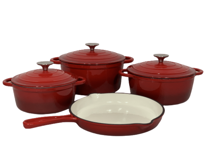 SMTE Pot set 7 Piece Cast Iron Grooved Lid Red with keychain