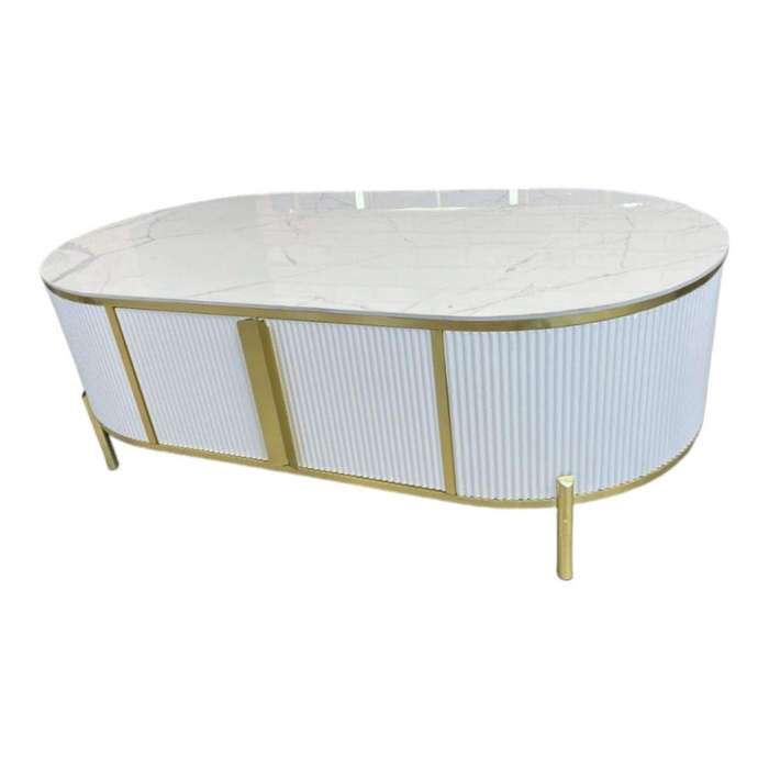 Smte - Oval Two-Tier Marble Look and Glass Coffee Table - White with keychain