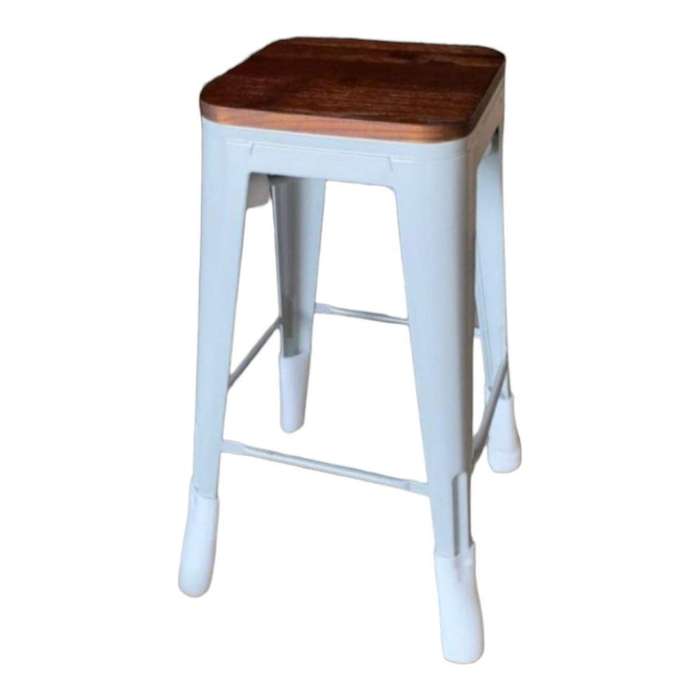 SMTE Plastic Bar stool with wooden Seat - White with keychain