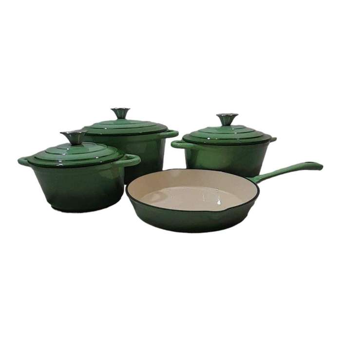 Smte - Pot set 7 Piece Cast Iron Grooved Lid Green with keychain