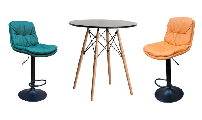 SMTE Soft Padded Perla Black Based Bar Stool and Black Wooden Leg Table Set - Green with keychain