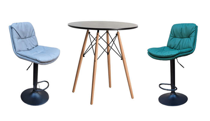 SMTE Soft Padded Perla Black Based Bar Stool and Black Wooden Leg Table Set - Grey with keychain