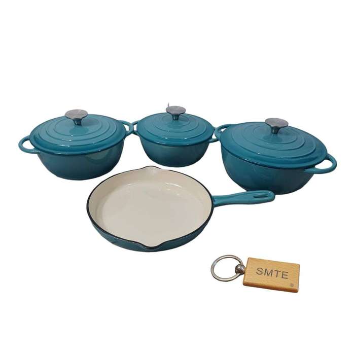 SMTE Premium 7-Piece Cast Iron Cookware Set+ Smte Keychain - Teal blue