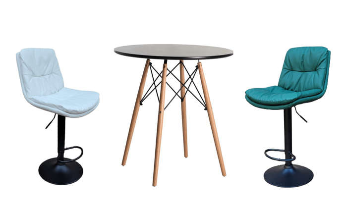 SMTE Soft Padded Perla Black Based Bar Stool and Black Wooden Leg Table Set - White with keychain