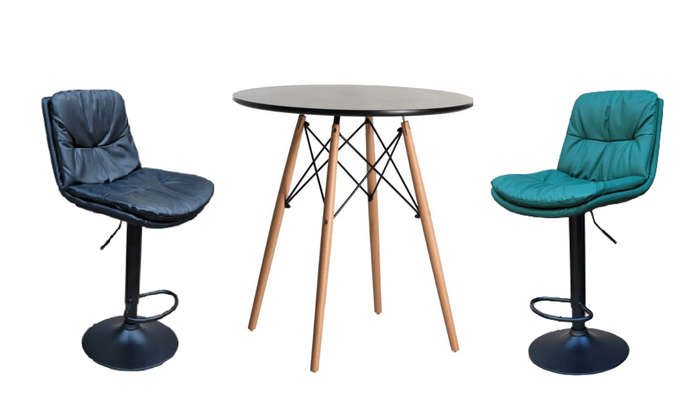 SMTE Soft Padded Perla Black Based Bar Stool and Black Wooden Table Set - Black with keychain
