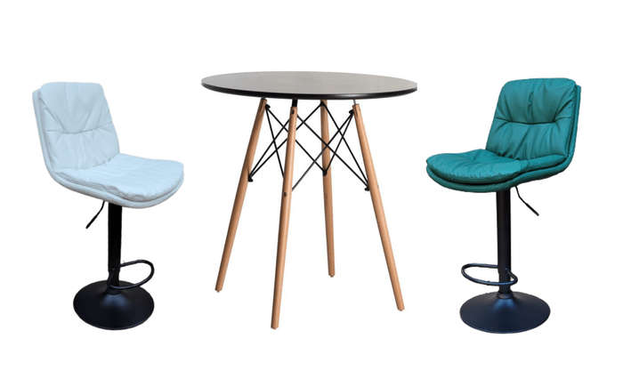SMTE Soft Padded Perla Black Based Bar Stool and Black Wooden Table Set - White with keychain
