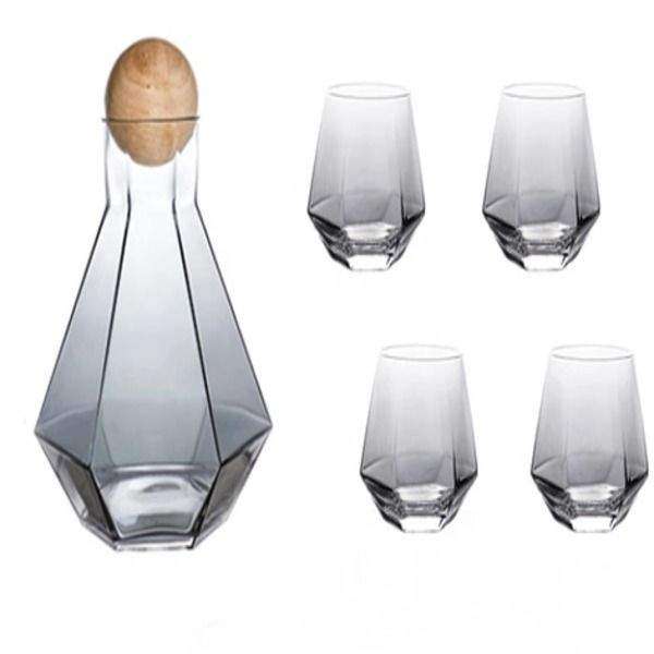 SMTE Set of 5 Glass Decanter & Whiskey Glass - Grey with keychain