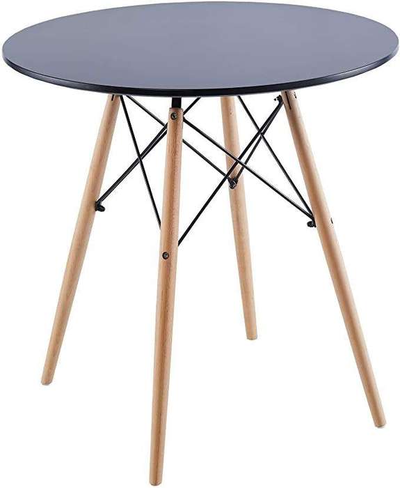 SMTE Small Round Table Wooden Legs Office Desk Kitchen Dining Table - Black with keychain