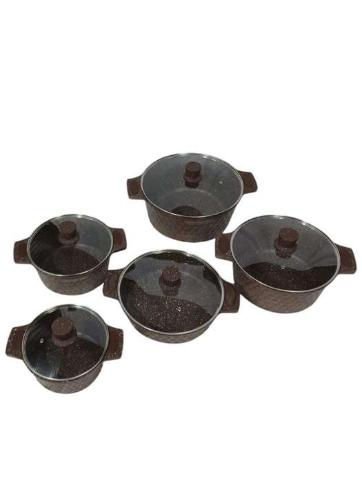 SMTE 10-Piece Granite Cookware Set - Non-Stick with Glass Lids (Brown) with keychain