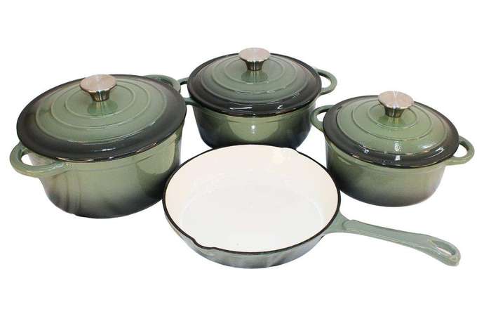 SMTE 7 Piece Authentic Cast Iron Dutch Oven Cookware Pot Set - Forest Green with keychain