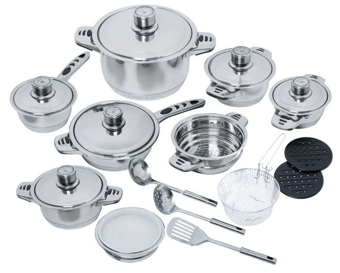 SMTE 22 Piece Timeless Beauty Non-Stick Stainless Steel Cookware Set with keychain