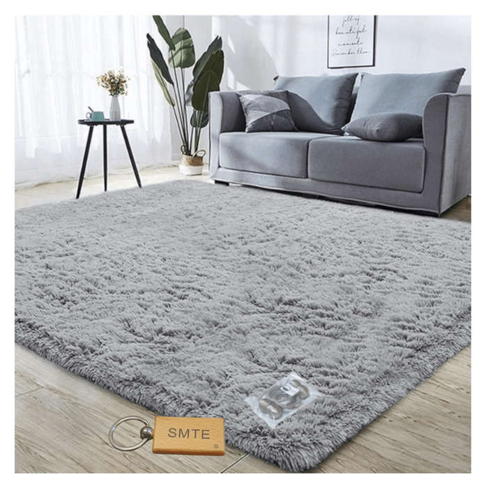 SMTE New Premium Fluffy Carpet/Rug & Complementary Tieback and Keyring - Grey with keychain