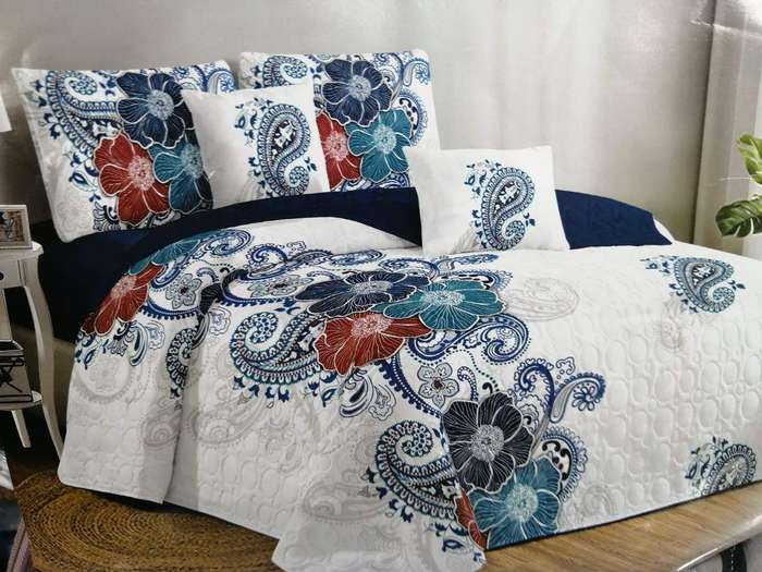 SMTE 5 Piece Quilt Set Blue Flower Bedspread Set with keychain