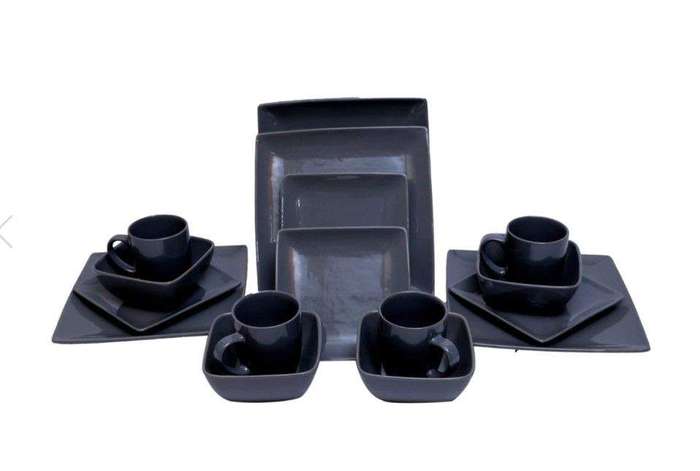 SMTE 16-Piece Ceramic Porcelain Dinnerware Set - Black with keychain