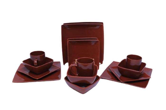 SMTE 16-Piece Ceramic Porcelain Dinnerware Set - Chocolate Brown with keychain