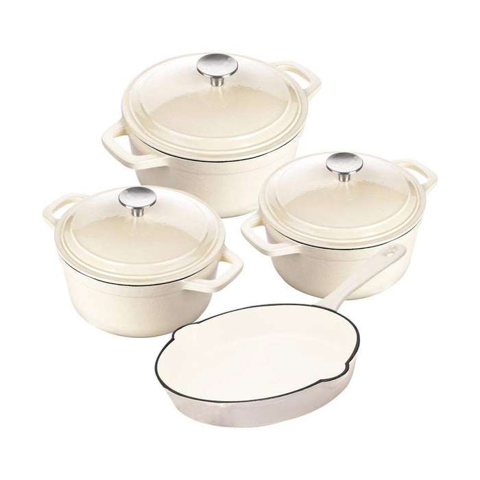 SMTE 7 Piece Cast Iron Cookware - White with keychain