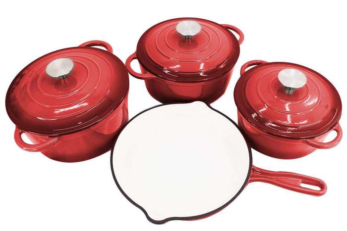 SMTE Delicate 7 Piece Cast Iron Dutch Oven Cookware Pot & Stout Pan Set - Red with keychain