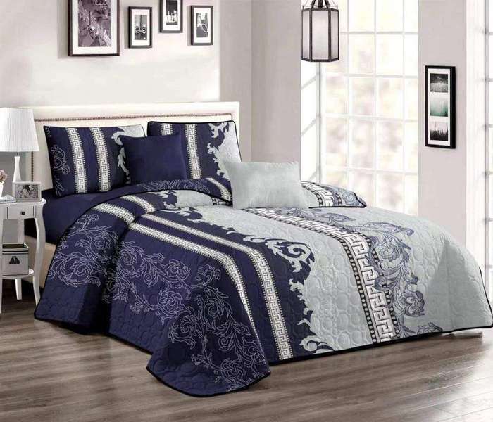 SMTE 5 Piece Quilt Set Blue White Bedspread Set with keychain