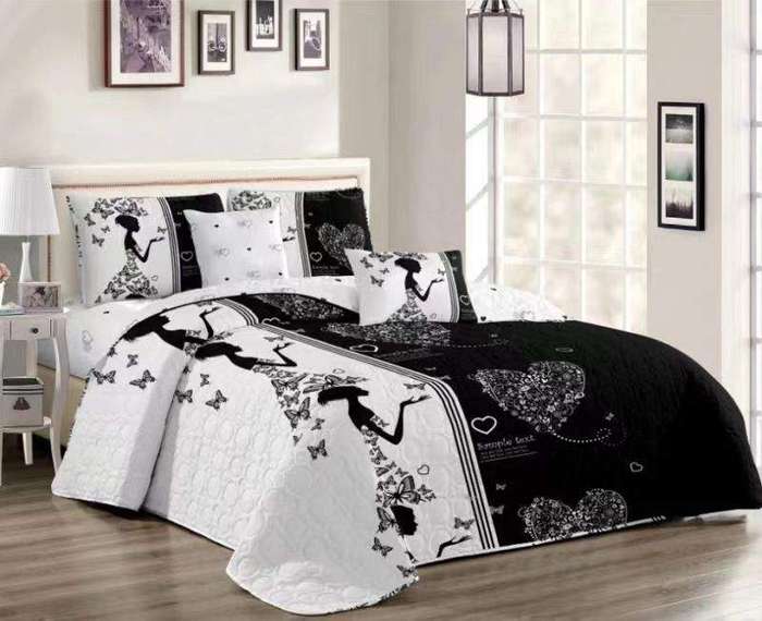SMTE 5 Piece Quilt Set White & Black Bedspread Set with keychain