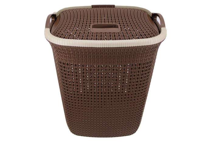 SMTE Two Tone PVC Mesh Weave Laundry Basket with Push-2-Lock Lid - Brown, White with keychain