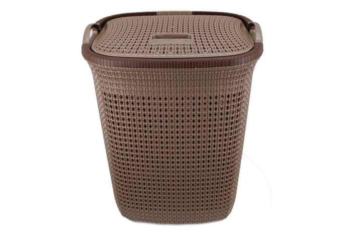 SMTE Two Tone PVC Mesh Weave Laundry Basket with Push-2-Lock Lid - Chocolate with keychain