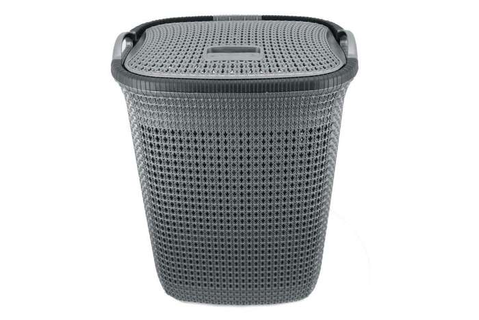 SMTE Two Tone PVC Mesh Weave Laundry Basket with Push-2-Lock Lid - Grey with keychain
