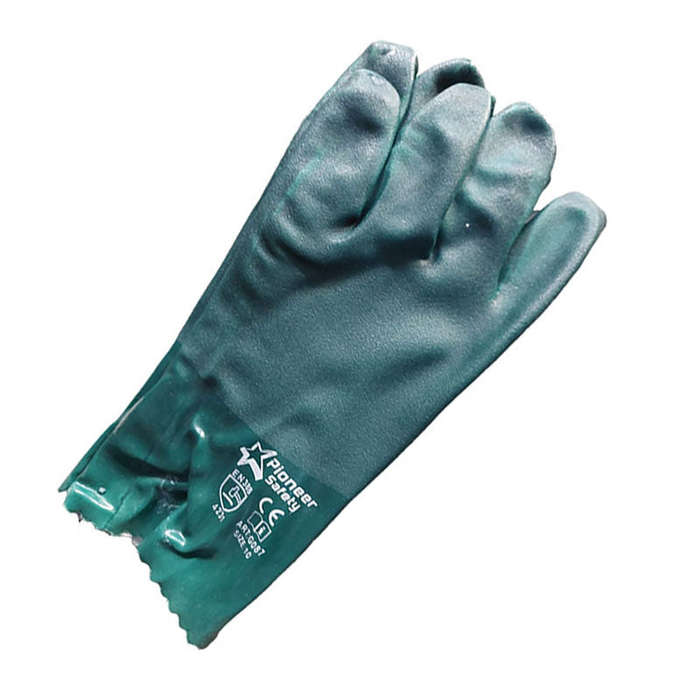 PIONEER SAFETY Gloves PVC Coat Green Textured Heavy Duty Open Cuff 27cm