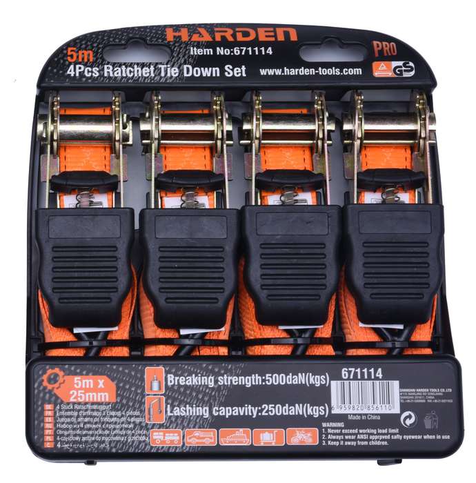 HARDEN 4 Piece Ratchet Tie Down Set (25mm x 5m)