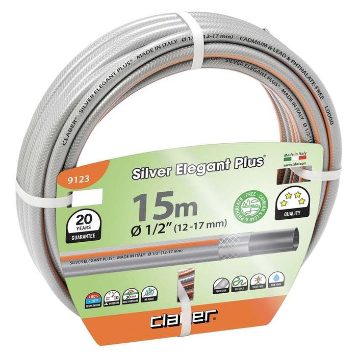 CLABER 1/2" Silver Elegant Plus Garden Hose Pipe 15m