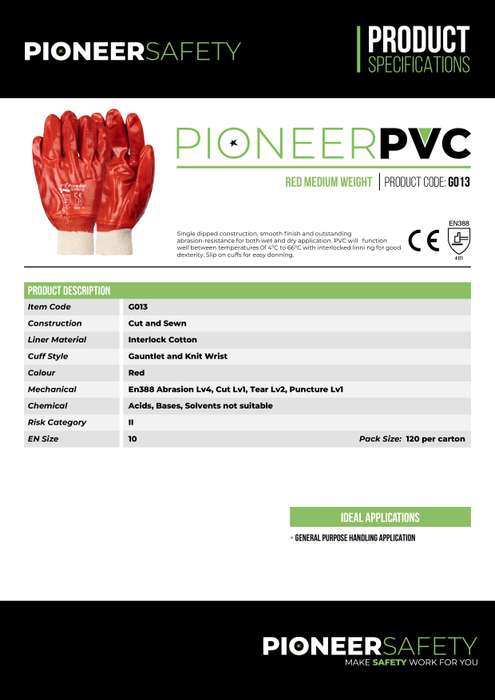PIONEER SAFETY PVC Coated Red Knitted Wrist Gloves Large G013