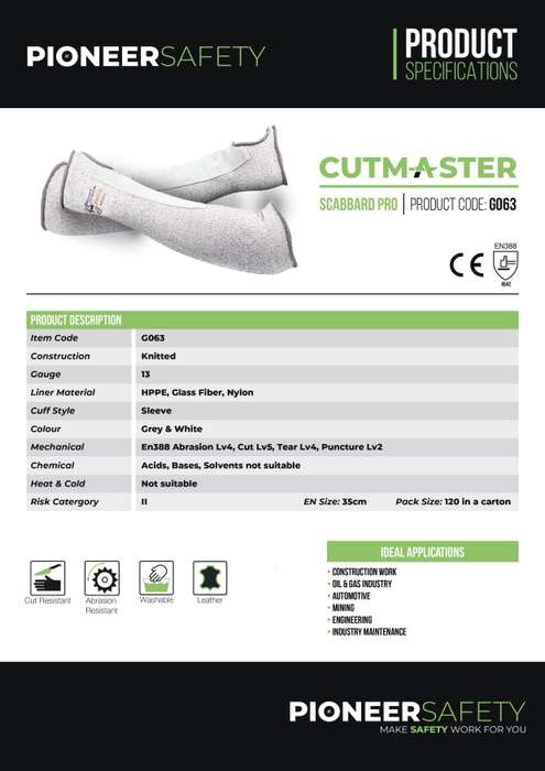 PIONEER SAFETY Cutmaster Scabbard Arm Protection Sleeves Size 10 G063
