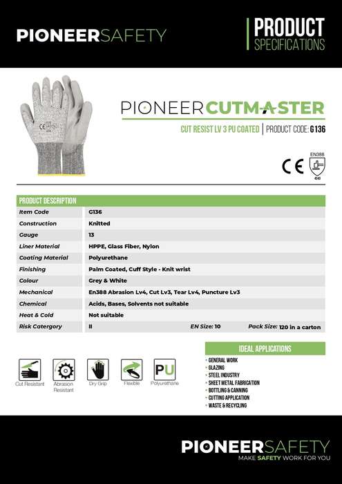 PIONEER SAFETY Cut Resistant Gloves Grey PU Palm Level 3 Size 10 G136