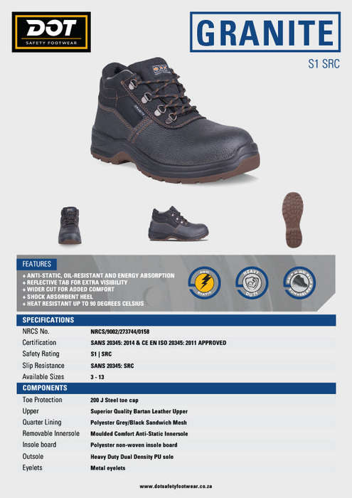 DOT Safety Boot Granite Oil And Acid Steel Toe Black SABS