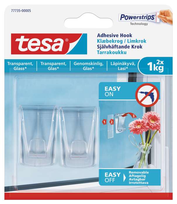 TESA Adhesive Hooks - Transparent Surface Large 2 Hooks/ 3 Strips 1kg